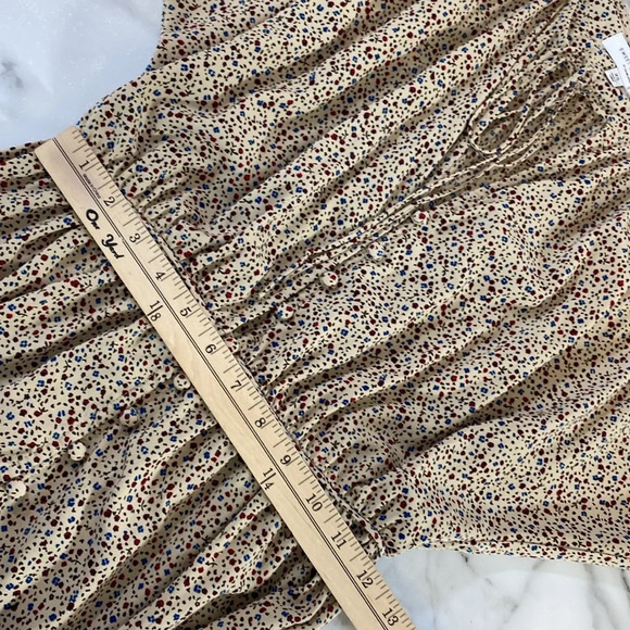 Sweet Baby Jamie Ditsy Shirt Dress Women Size XS Tan Blue Speckled Tiered Ruched - Picture 8 of 13